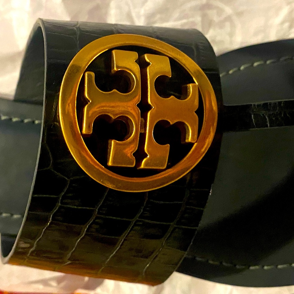 Tory Burch New Tags Benton Band Flat Sandal Crocodile Embossed Kelp Green 7.5